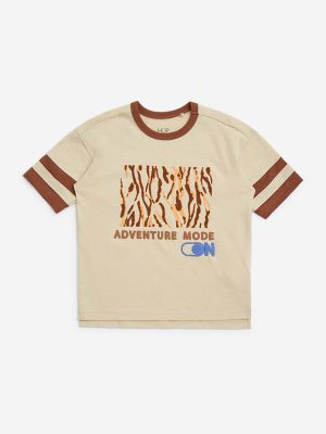 HOP Kids Beige Text Detailed Cotton T-Shirt