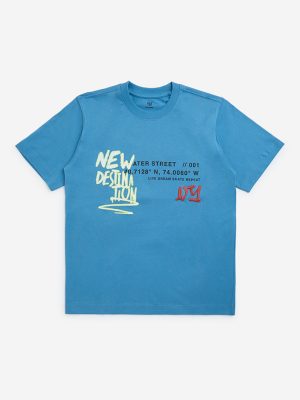 Y&F Kids Blue Typographic Cotton T-Shirt
