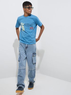 Y&F Kids Blue Cargo-Style Relaxed-Fit Mid-Rise Jeans