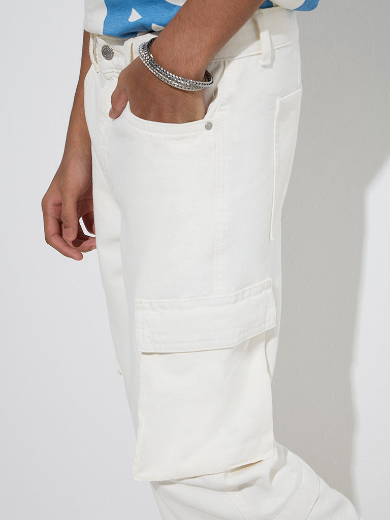 Y&F Kids Off-White Cargo-Style Relaxed-Fit Mid-Rise Jeans - Image 4