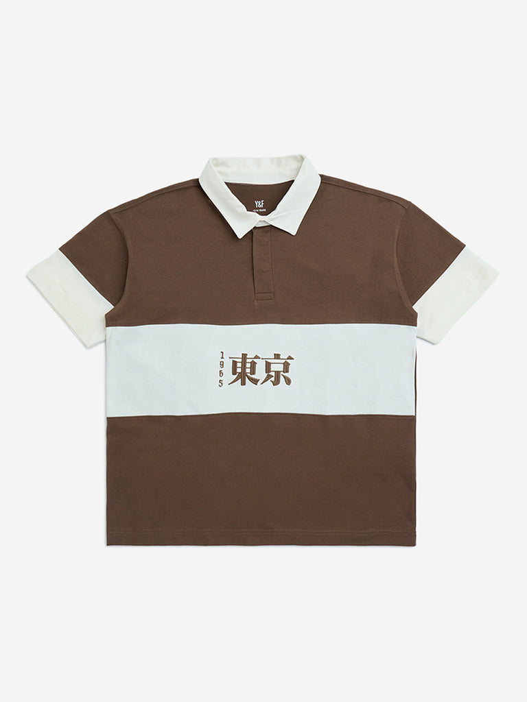 Y&F Kids Brown Colour-Blocked Cotton Polo T-Shirt - Image 6