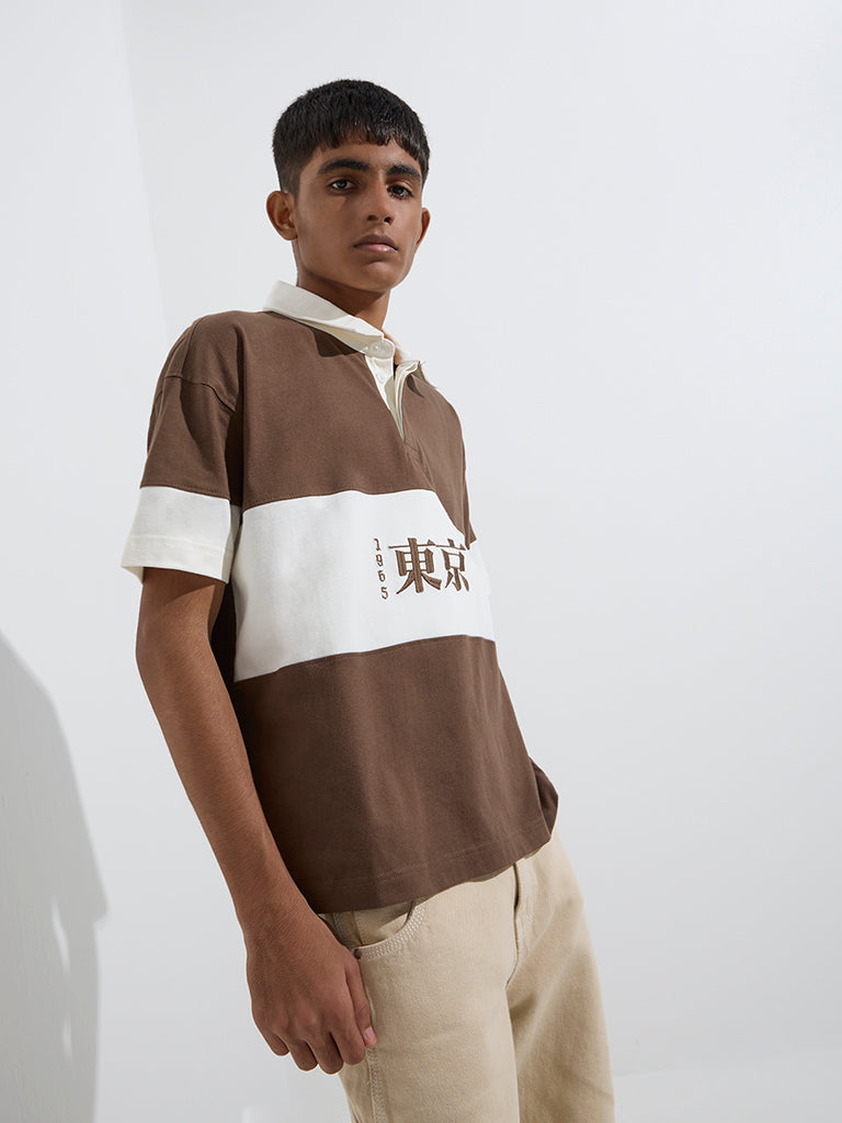 Y&F Kids Brown Colour-Blocked Cotton Polo T-Shirt - Image 3