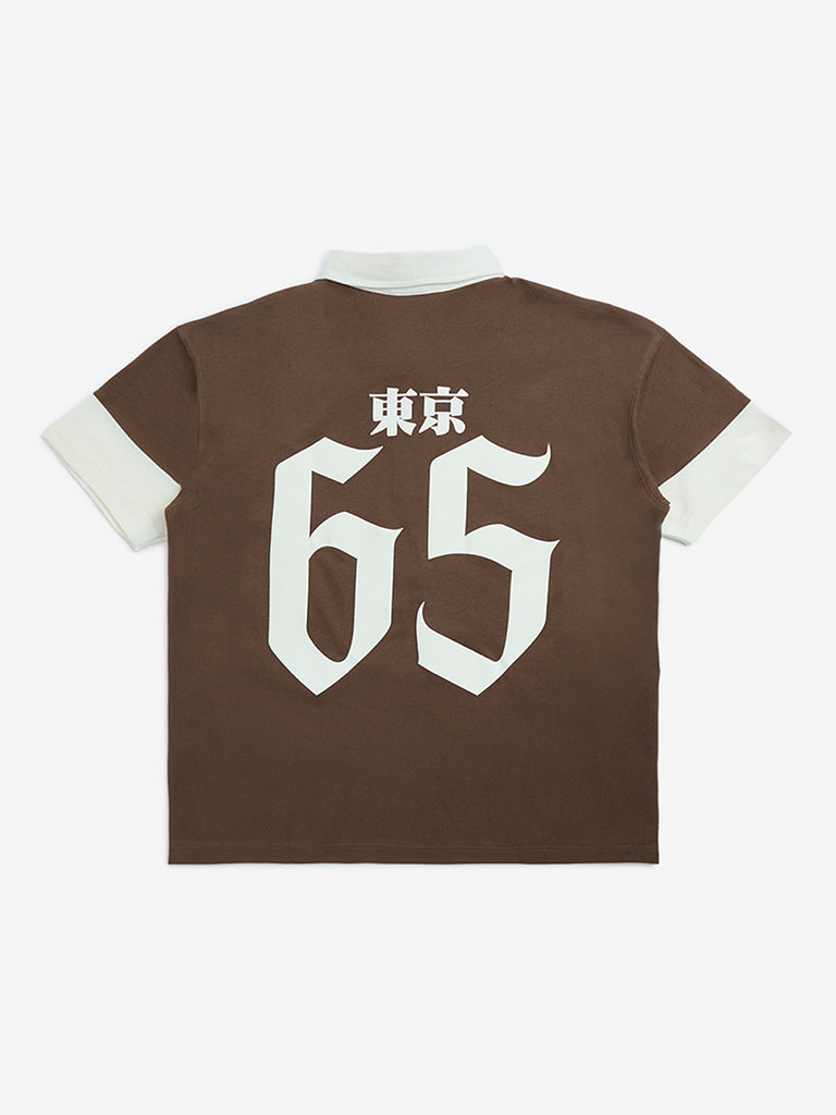 Y&F Kids Brown Colour-Blocked Cotton Polo T-Shirt - Image 7