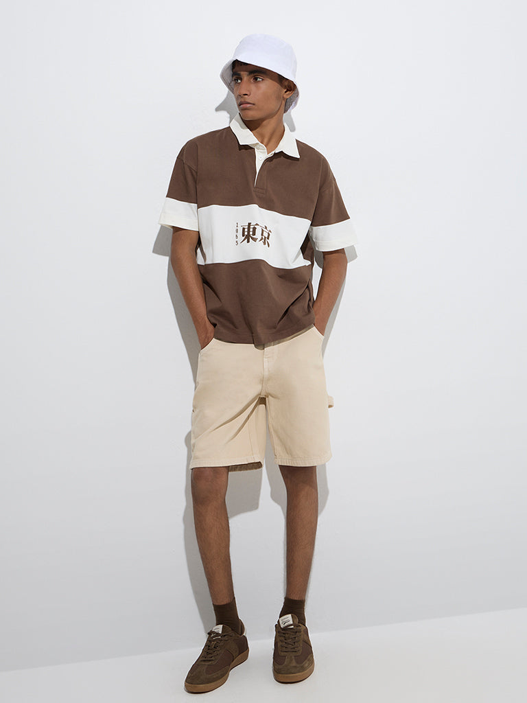 Y&F Kids Brown Colour-Blocked Cotton Polo T-Shirt