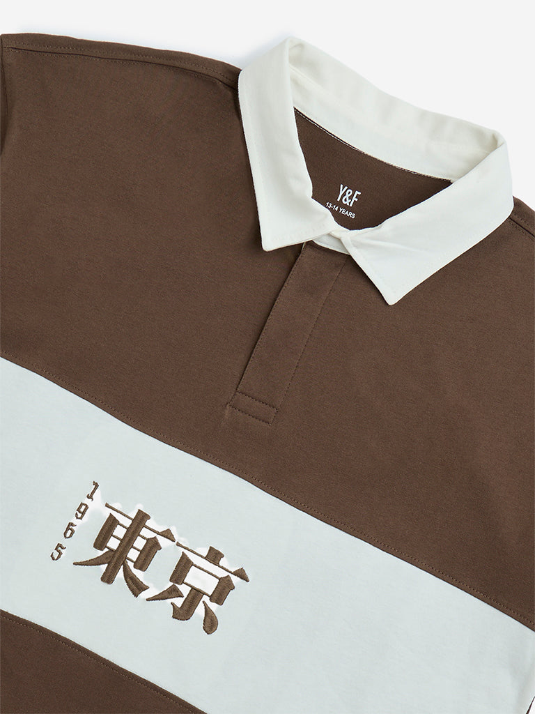 Y&F Kids Brown Colour-Blocked Cotton Polo T-Shirt - Image 8