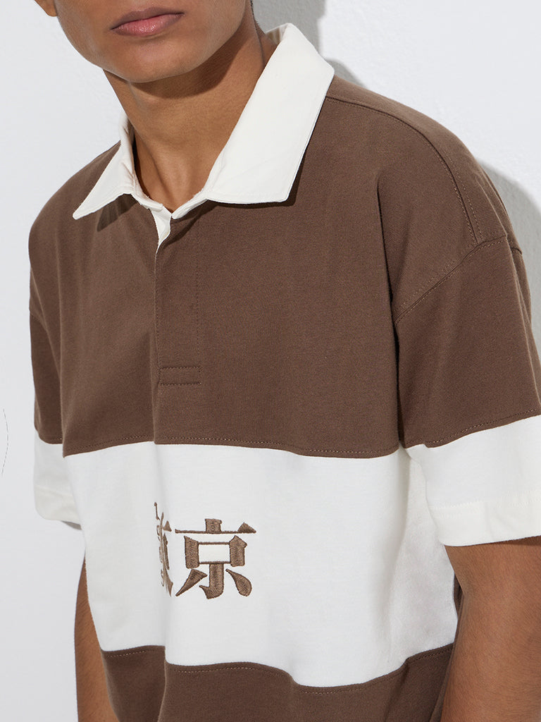 Y&F Kids Brown Colour-Blocked Cotton Polo T-Shirt - Image 4