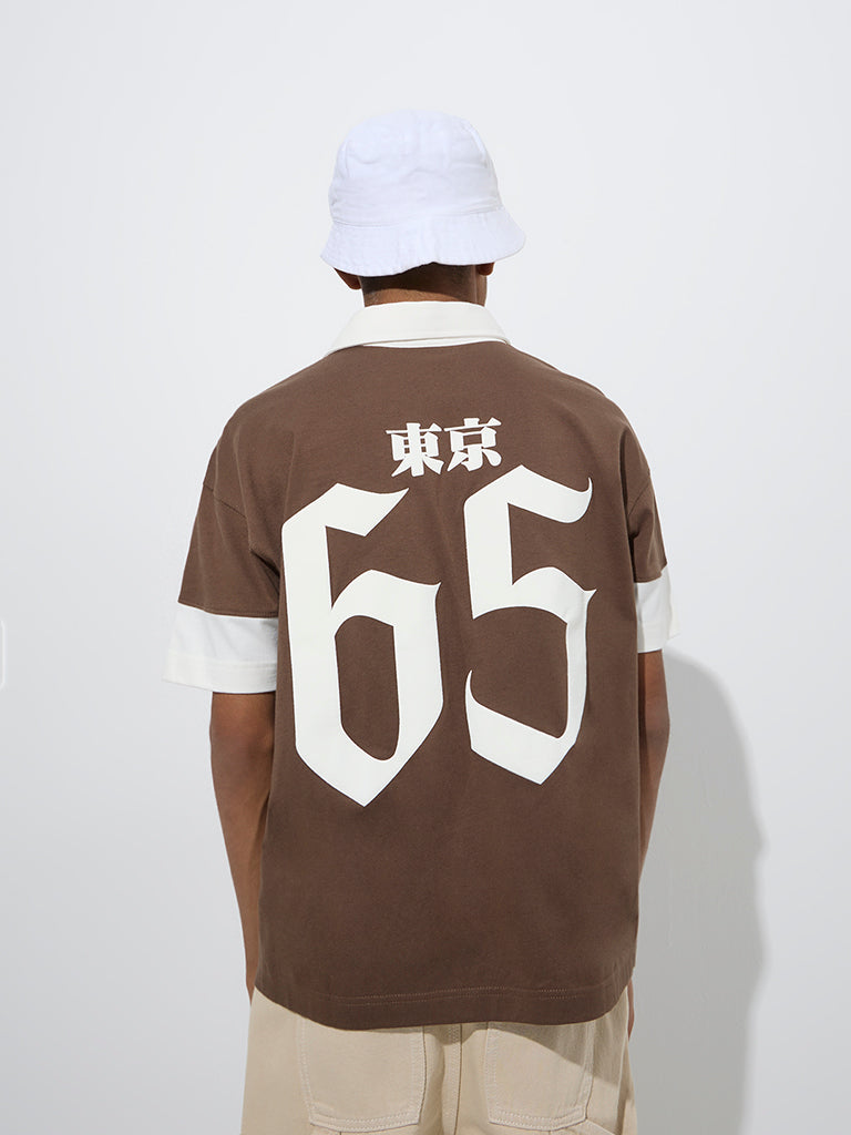 Y&F Kids Brown Colour-Blocked Cotton Polo T-Shirt - Image 5