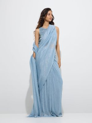 Vark Light Blue Plisse-Textured Saree