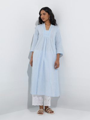 Utsa Light Blue Embroidered Cotton A-Line Kurta