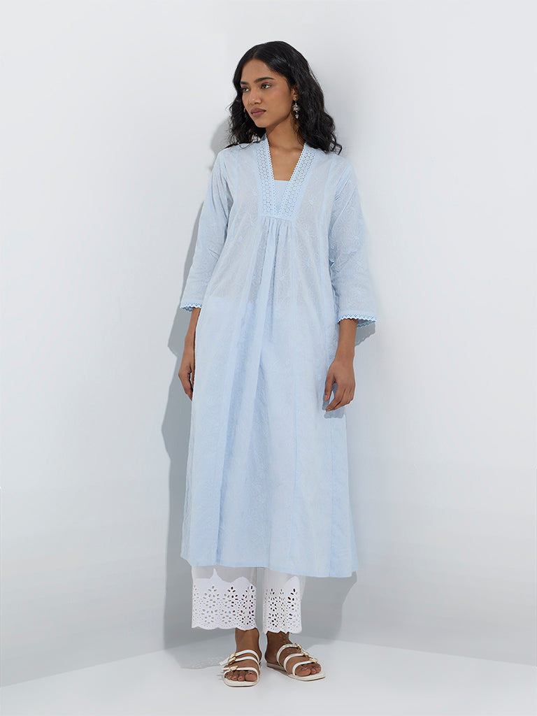 Utsa Light Blue Embroidered Cotton A-Line Kurta