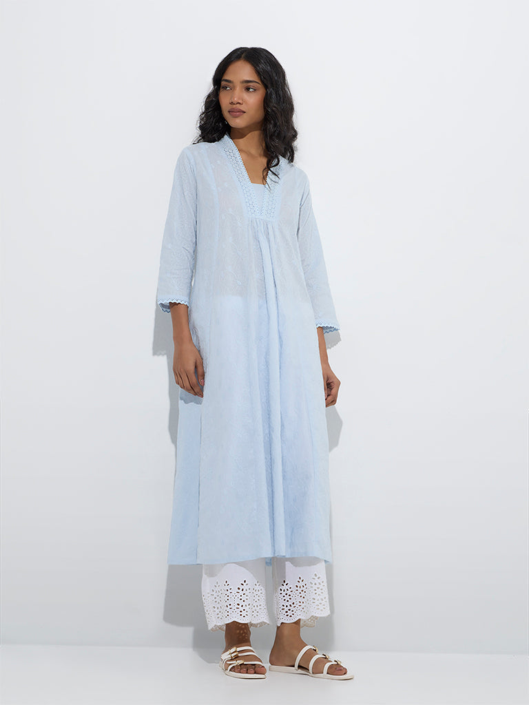 Utsa Light Blue Embroidered Cotton A-Line Kurta - Image 2