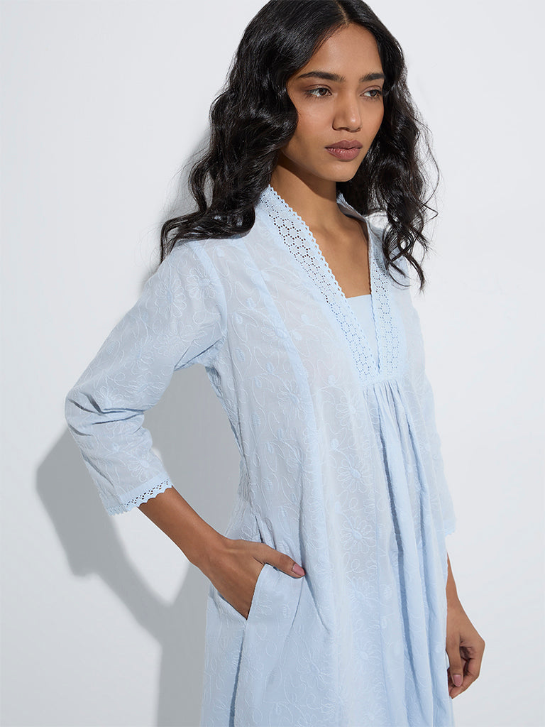 Utsa Light Blue Embroidered Cotton A-Line Kurta - Image 3