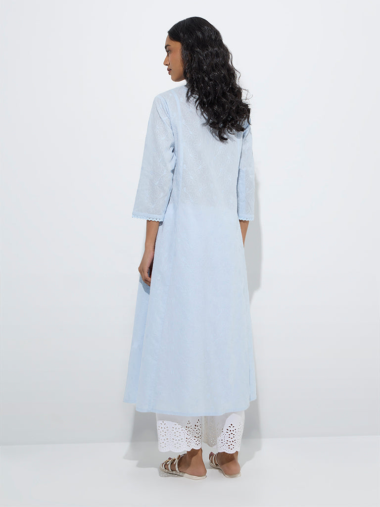 Utsa Light Blue Embroidered Cotton A-Line Kurta - Image 4