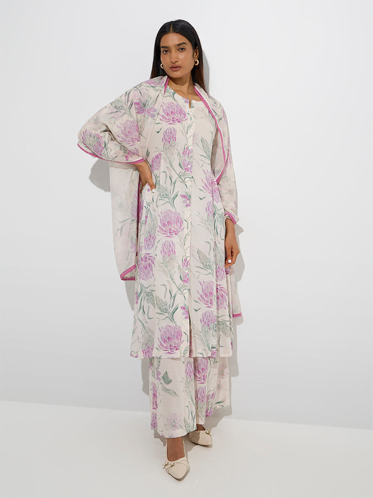 Zuba Lilac Floral Detailed A-Line Kurta