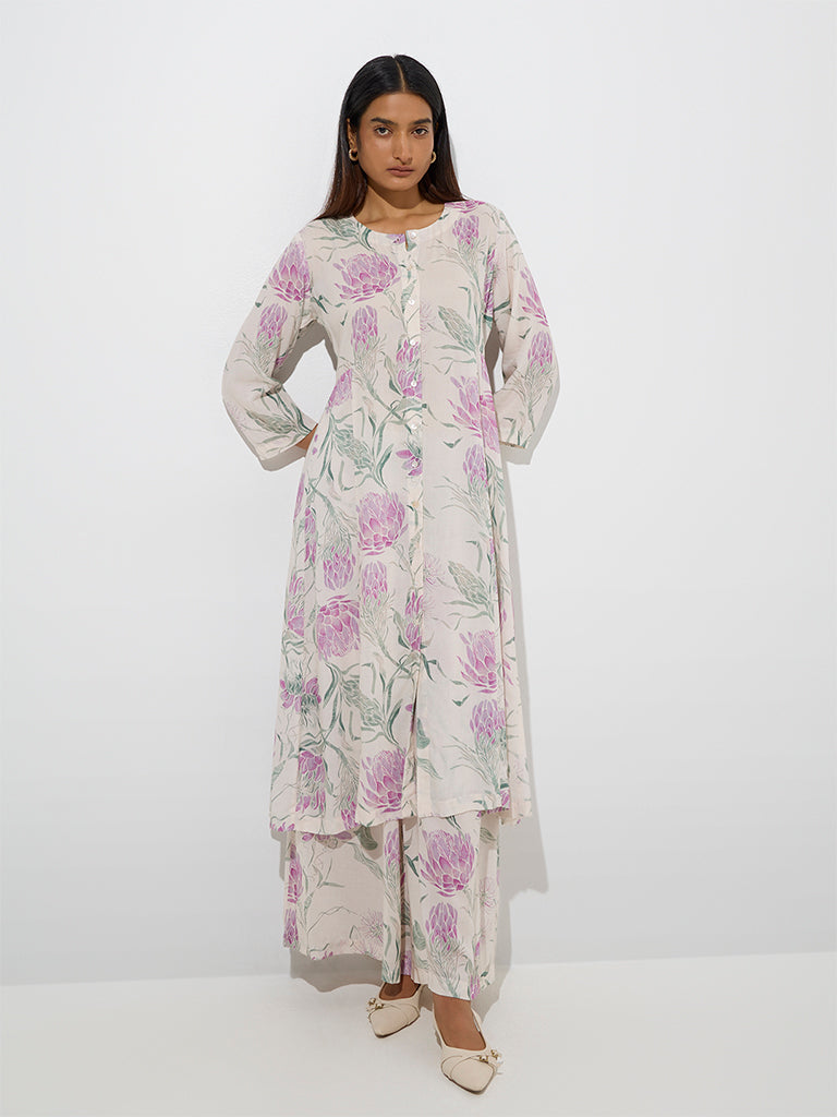 Zuba Lilac Floral Detailed A-Line Kurta - Image 2
