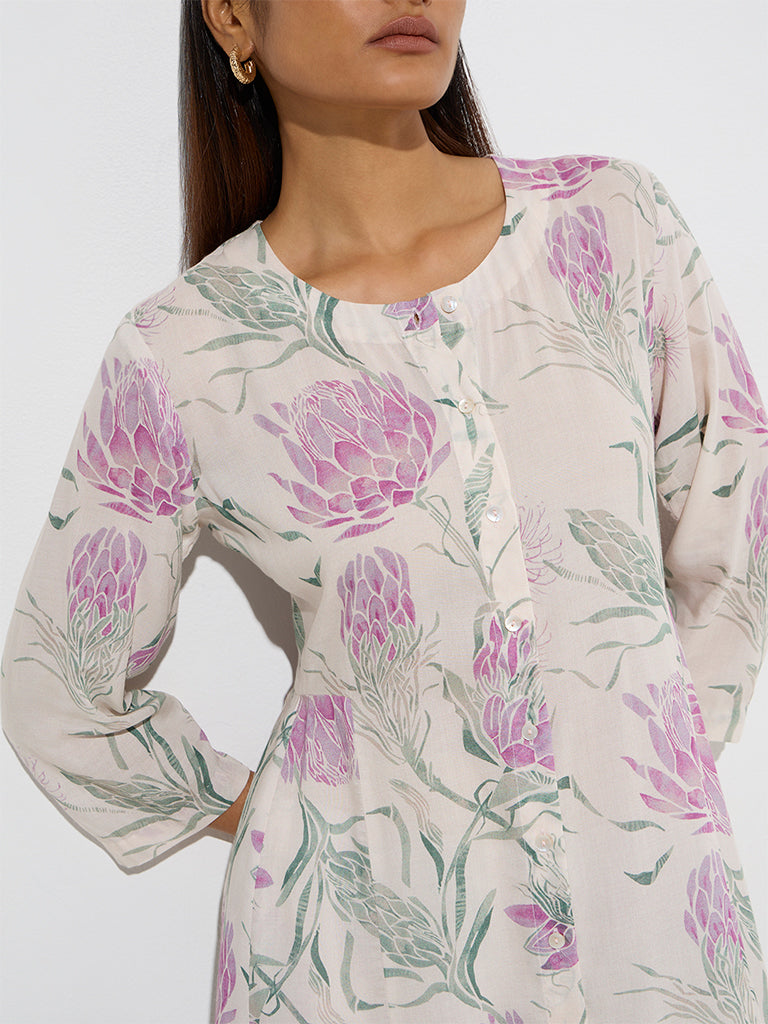 Zuba Lilac Floral Detailed A-Line Kurta - Image 3