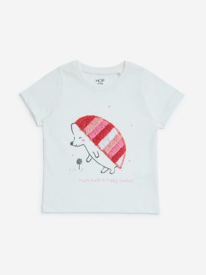 HOP Kids White Animal Design Cotton T-Shirt