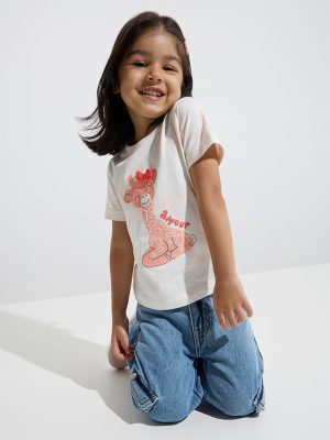 HOP Kids Peach Animal Printed Cotton T-Shirt