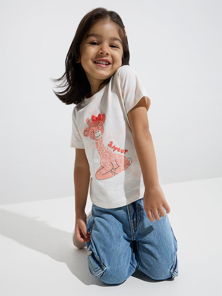 HOP Kids Peach Animal Printed Cotton T-Shirt