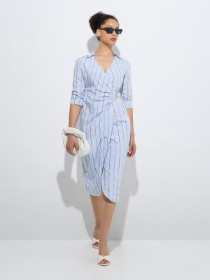 Wardrobe Blue Stripe Printed Wrap-Style Dress