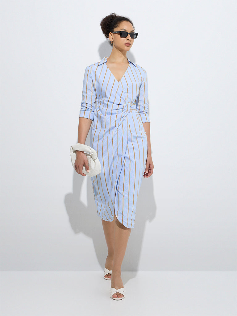 Wardrobe Blue Stripe Printed Wrap-Style Dress