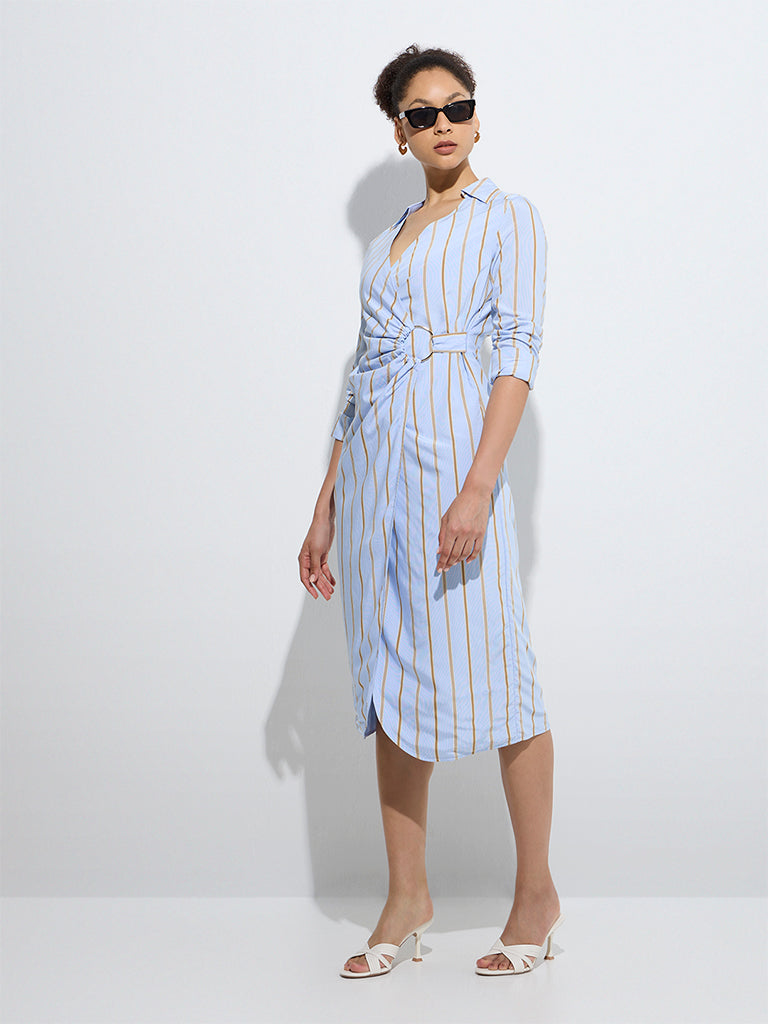 Wardrobe Blue Stripe Printed Wrap-Style Dress - Image 2
