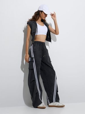 Studiofit Black Stripe Printed High-Rise Denim Track Pants