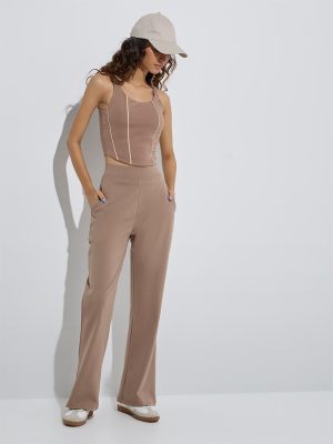 Studiofit Taupe Solid High-Rise Cotton-Blend Track Pants