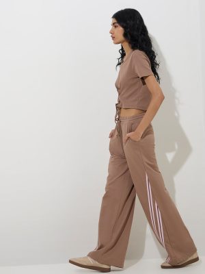 Studiofit Beige Stripe High-Rise Cotton Track Pants