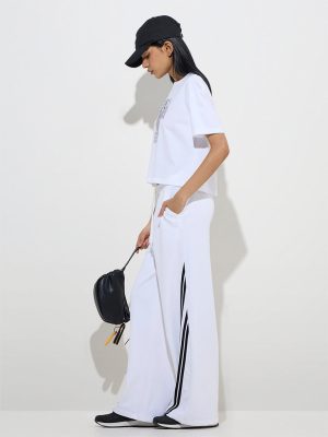 Studiofit White Striped High-Rise Cotton Track Pants