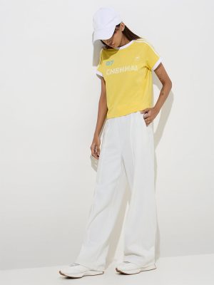 Studiofit Yellow Text Design Cotton T-Shirt