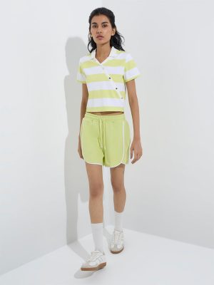 Studiofit Neon Green Striped Cotton-Blend Polo T-Shirt