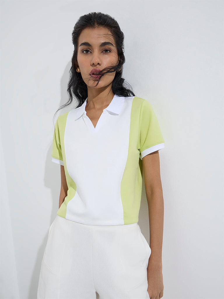 Studiofit Neon Green Colour-Blocked Polo T-Shirt - Image 2