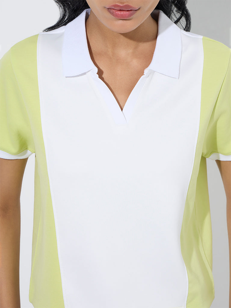 Studiofit Neon Green Colour-Blocked Polo T-Shirt - Image 3
