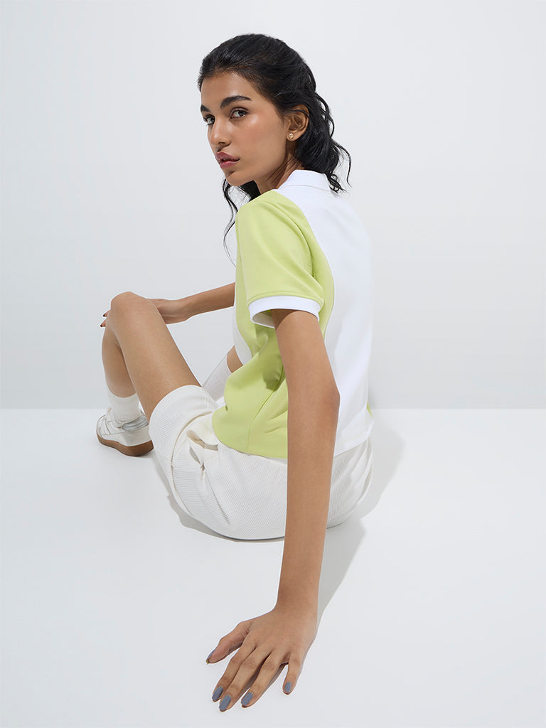 Studiofit Neon Green Colour-Blocked Polo T-Shirt - Image 4