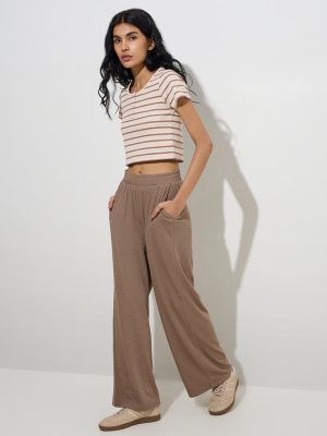 Studiofit Taupe Striped Cotton-Blend T-Shirt