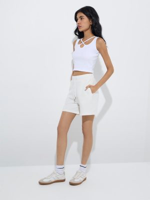 Studiofit White Cut-Out Detailed Cotton-Blend Top