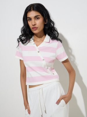 Studiofit Pink Striped Cotton-Blend T-Shirt