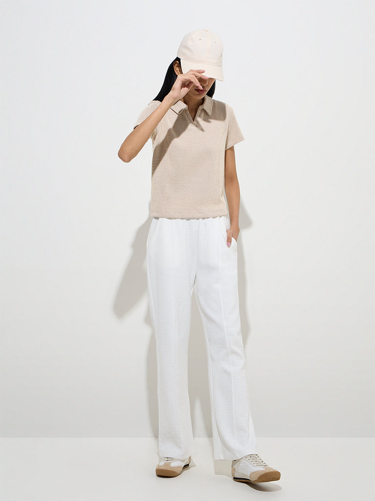 Studiofit Taupe Striped Cotton-Blend Polo T-Shirt