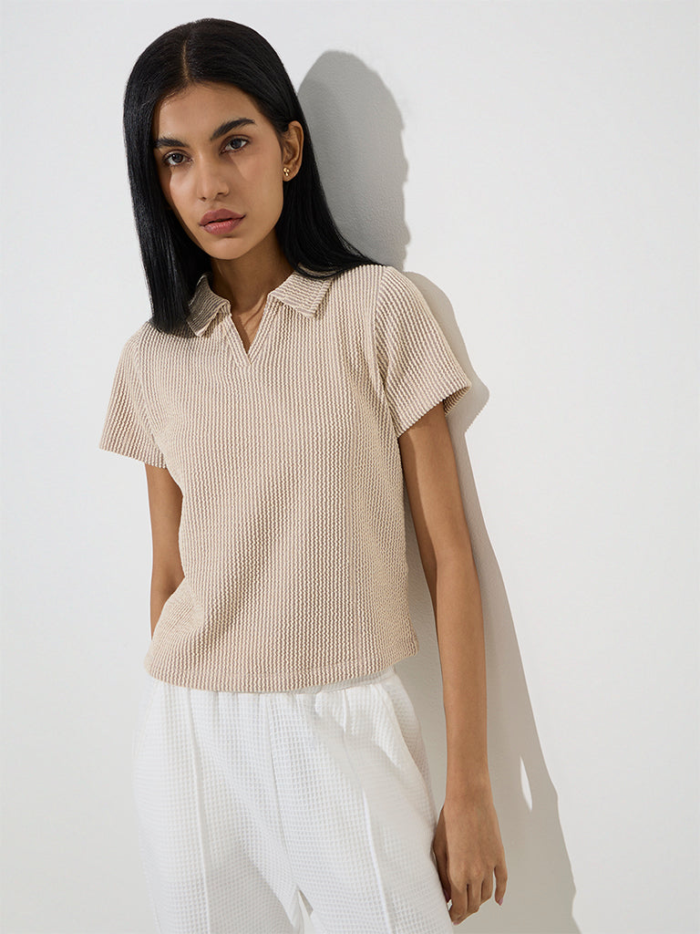 Studiofit Taupe Striped Cotton-Blend Polo T-Shirt - Image 2