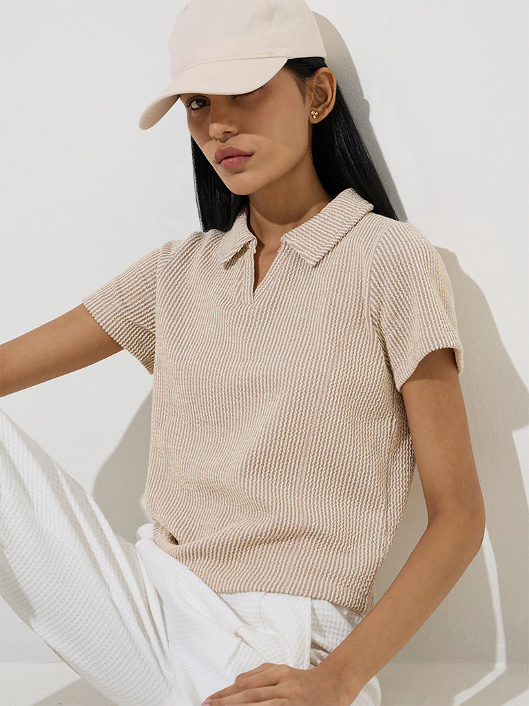Studiofit Taupe Striped Cotton-Blend Polo T-Shirt - Image 3