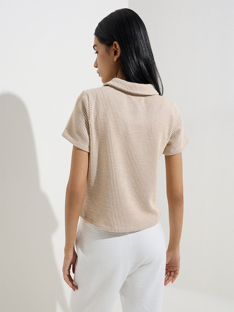 Studiofit Taupe Striped Cotton-Blend Polo T-Shirt - Image 4