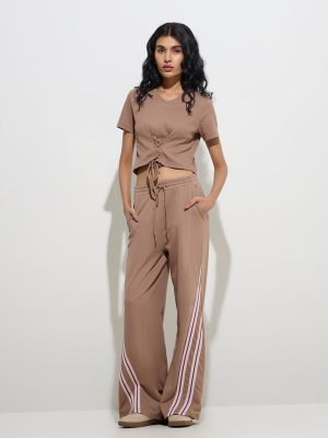 Studiofit Taupe Criss-Cross Detailed Cotton-Blend T-Shirt