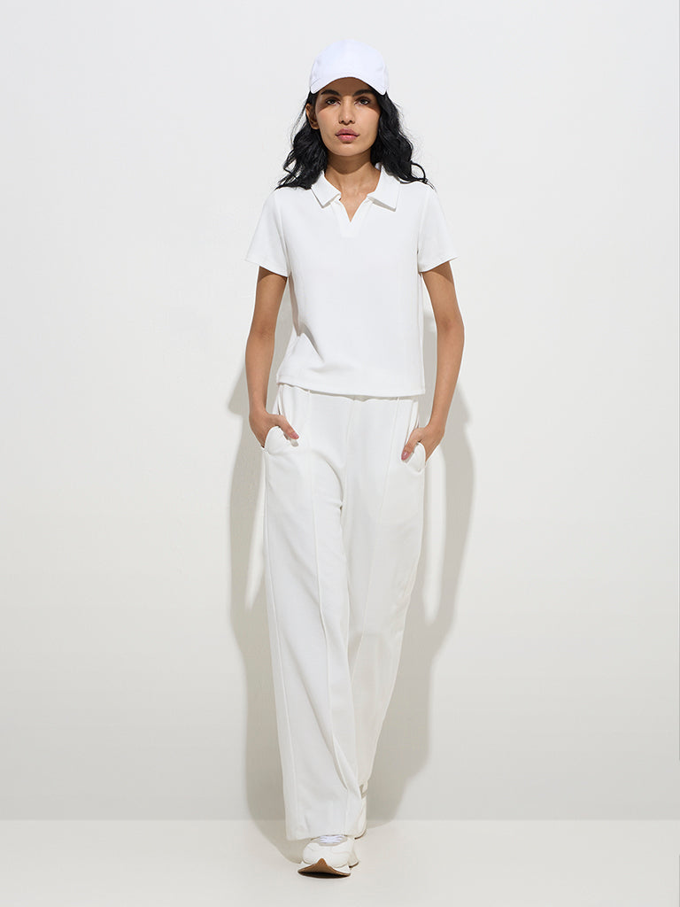Studiofit White Ribbed Cotton-Blend Polo T-Shirt - Image 2