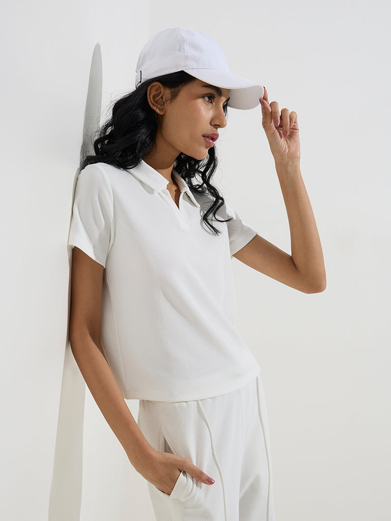Studiofit White Ribbed Cotton-Blend Polo T-Shirt