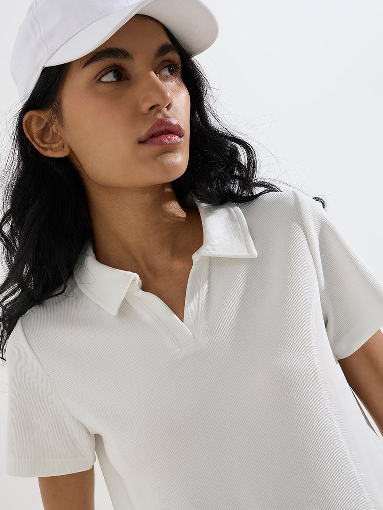 Studiofit White Ribbed Cotton-Blend Polo T-Shirt - Image 3