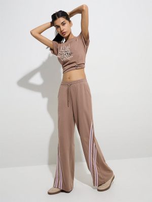 Studiofit Brown Text Design Cotton T-Shirt