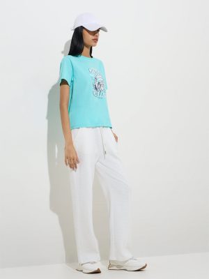 Studiofit Aqua Text Patterned Cotton T-Shirt