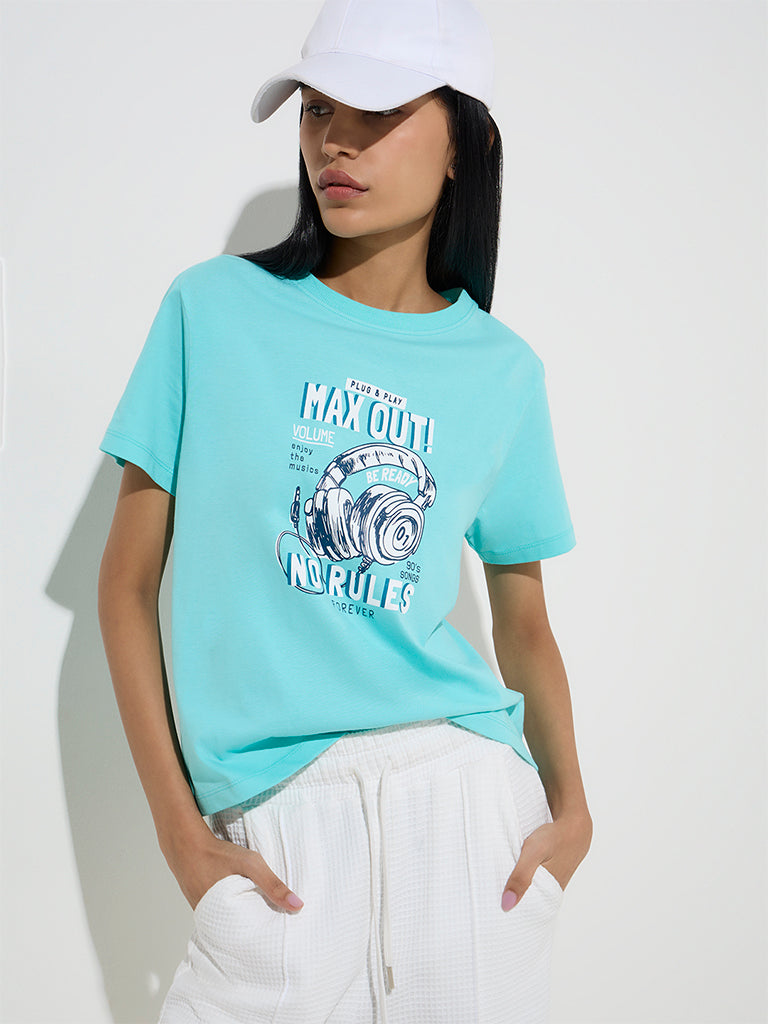 Studiofit Aqua Text Patterned Cotton T-Shirt - Image 2