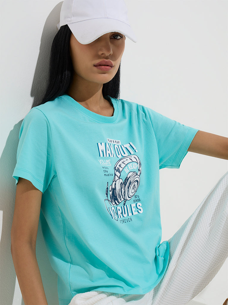 Studiofit Aqua Text Patterned Cotton T-Shirt - Image 3
